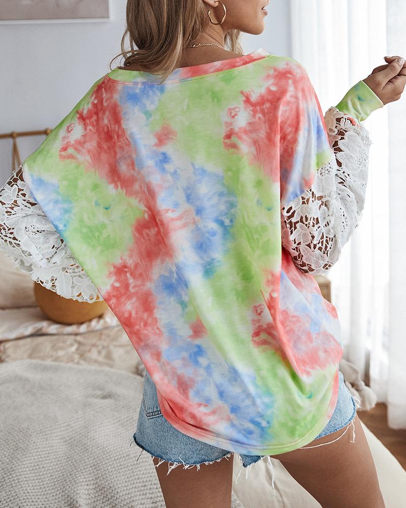 Crochet Lace Sleeve Tie Dye Print Casual Top