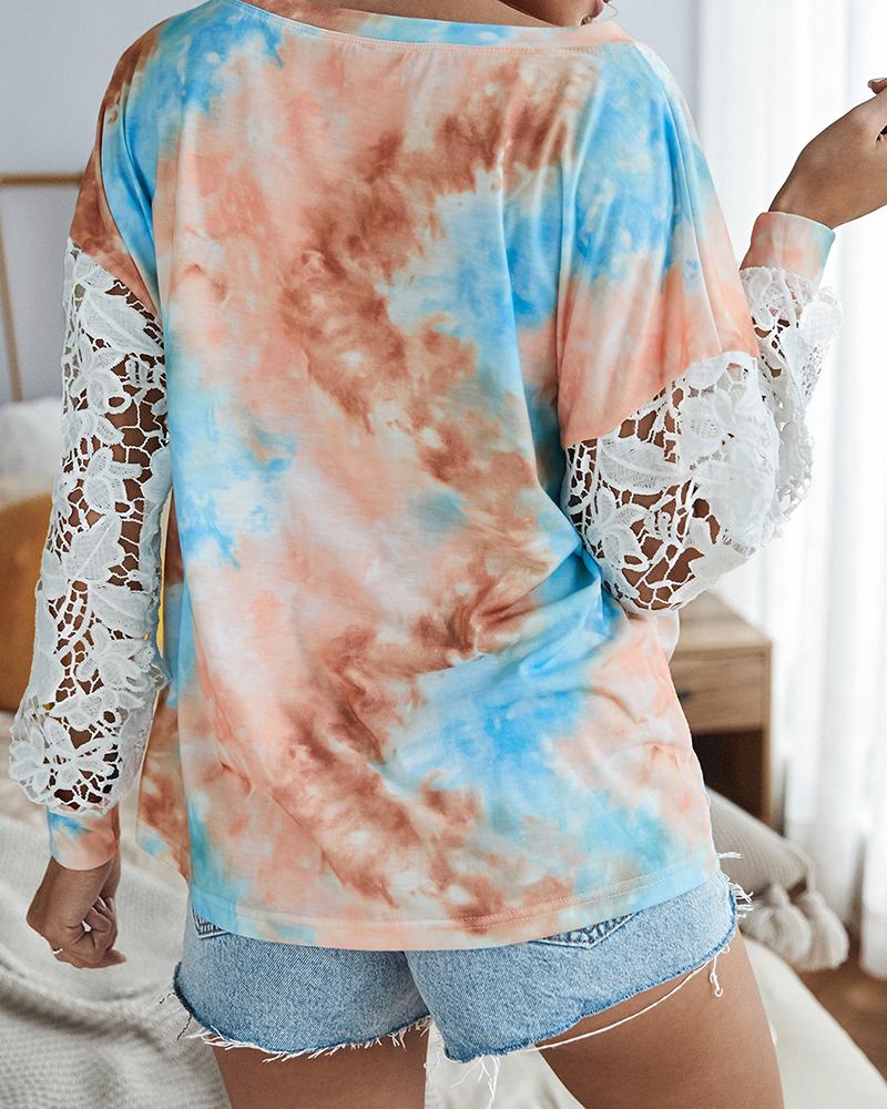 Crochet Lace Sleeve Tie Dye Print Casual Top