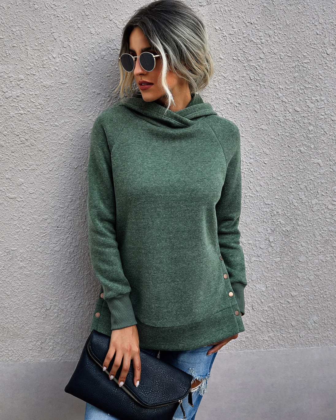 Basic Slim Sweatshirt Hoodie With Side Split