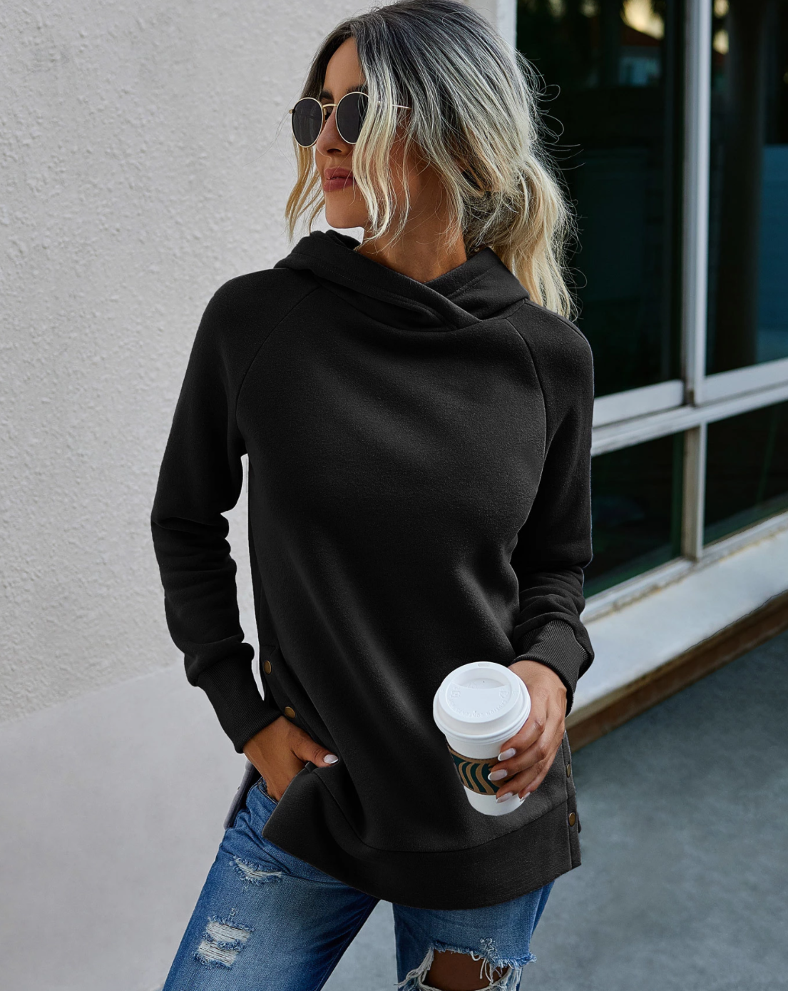 Basic Slim Sweatshirt Hoodie With Side Split